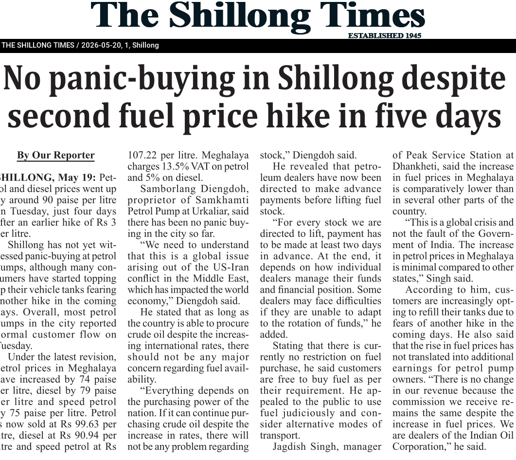 No panic-buying in Shillong despite second fuel price hike in five days