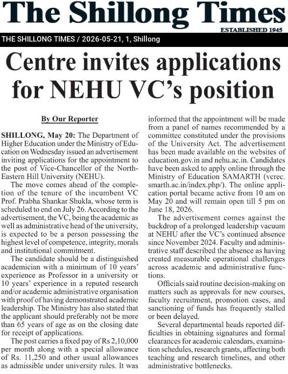 Centre invites applications for NEHU VC’s position