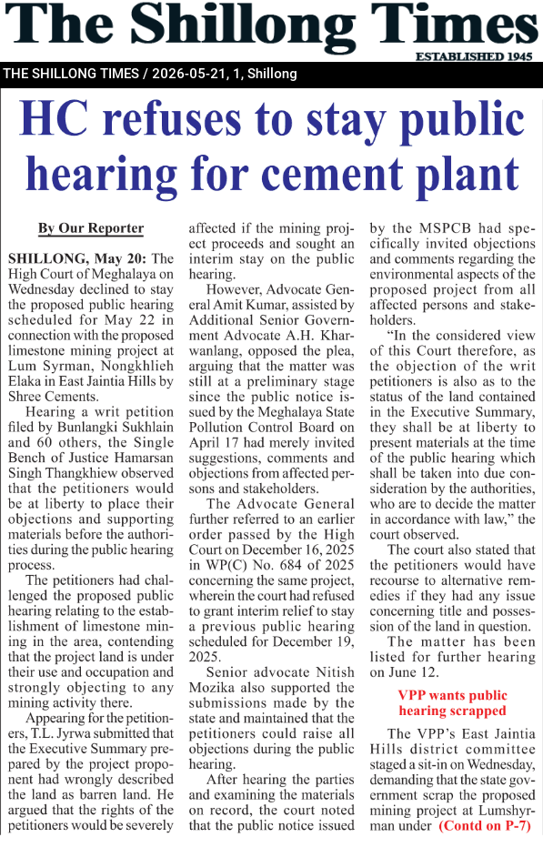 HC refuses to stay public hearing for cement plant