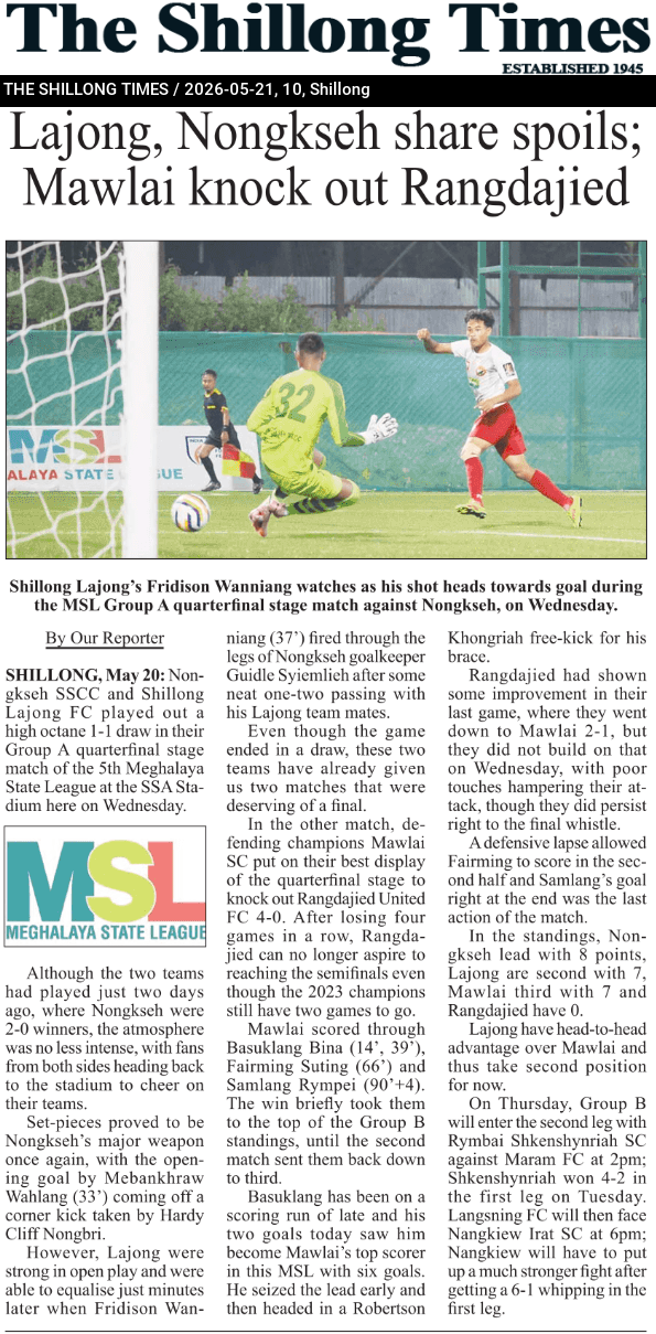 Lajong, Nongkseh share spoils; Mawlai knock out Rangdajjied