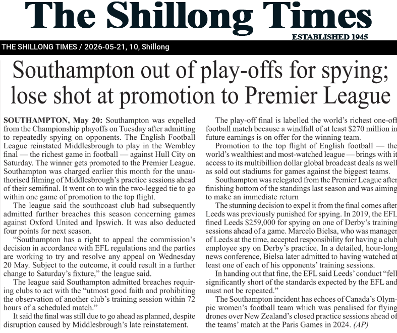 Southampton out of play-offs for spying; lose shot at promotion to Premier League