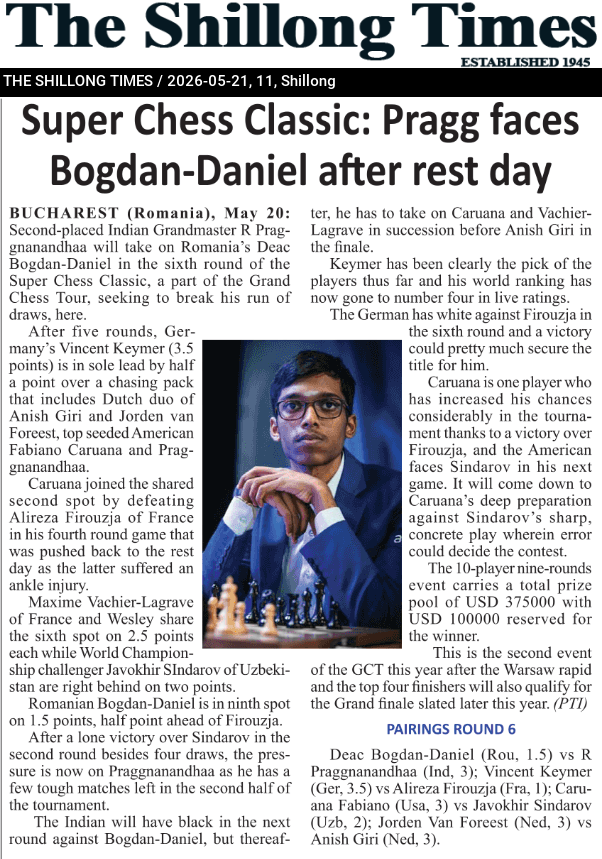 Super Chess Classic: Pragg faces Bogdan-Daniel after rest day