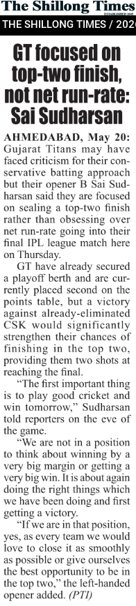 GT focused on top-two finish, not net run-rate: Sai Sudharsan