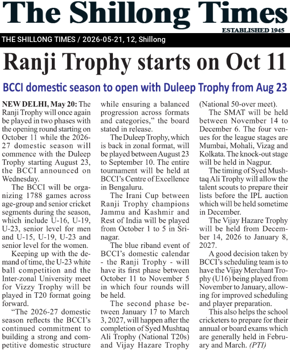 Ranji Trophy starts on Oct 11