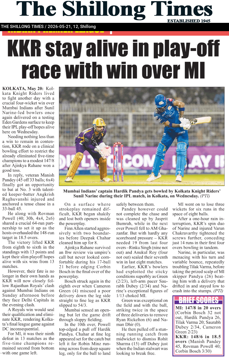 KKR stay alive in play-off race with win over MI