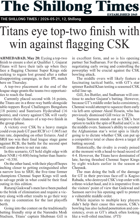 Titans eye top-two finish with win against flagging CSK