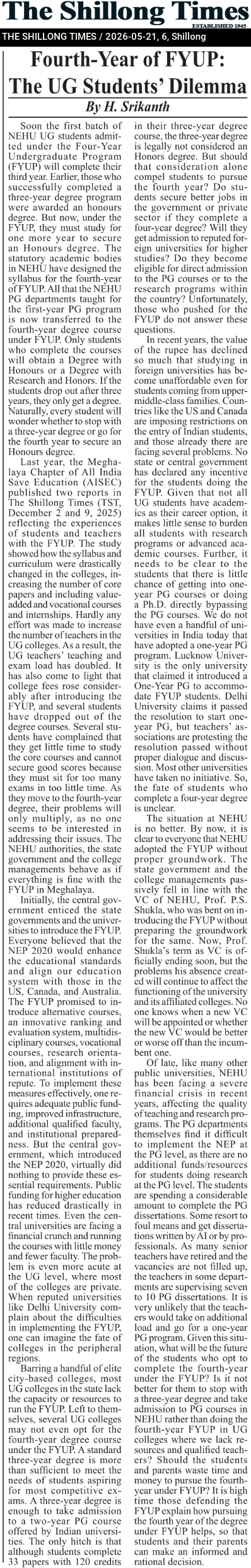 Fourth-Year of FYUP: The UG Students’ Dilemma