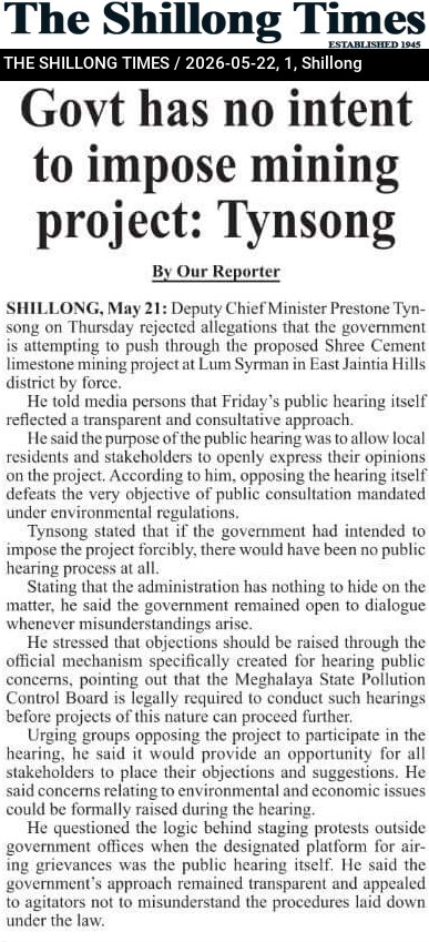Govt has no intent to impose mining project: Tynsong
