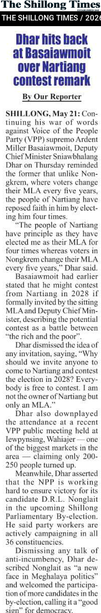 Dhar hits back at Basiawmoit over Nartiang contest remark