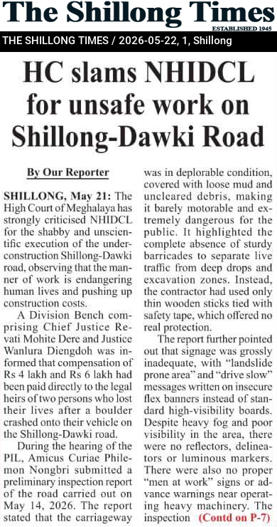 HC slams NHIDCL for unsafe work on Shillong-Dawki Road