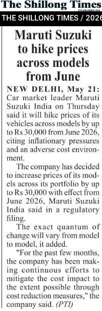 Maruti Suzuki to hike prices across models from June