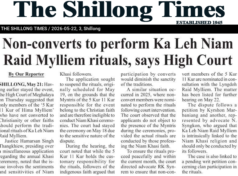 Non-converts to perform Ka Leh Niam Raid Mylliem rituals, says High Court