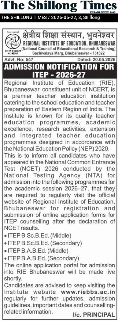 ADMISSION NOTIFICATION FOR ITEP – 2026-27
