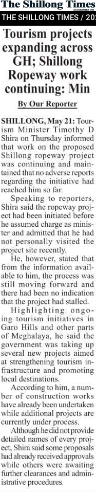 Tourism projects expanding across GH; Shillong Ropeway work continuing: Min