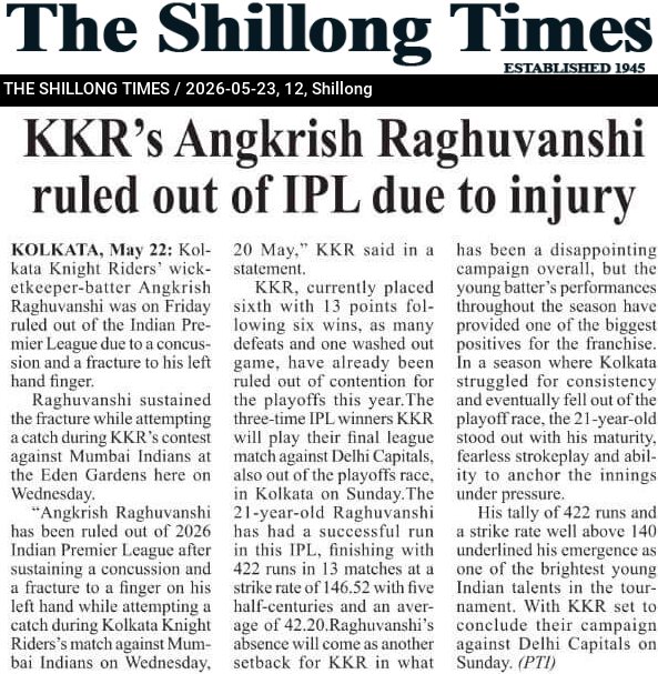KKR’s Angkrish Raghuvanshi ruled out of IPL due to injury
