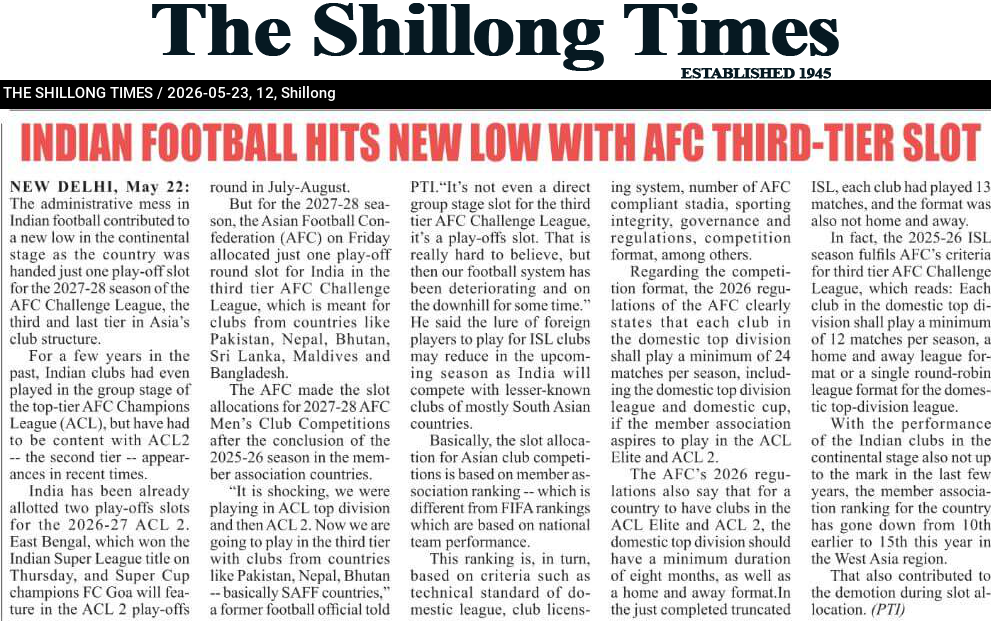 INDIAN FOOTBALL HITS NEW LOW WITH AFC THIRD-TIER SLOT
