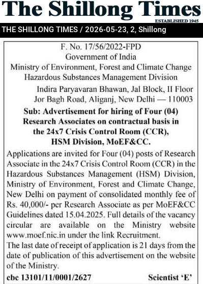 Sub: Advertisement for hiring of Four (04) Research Associates on contractual basis in the 24×7 Crisis Control Room (CCR), HSM Division, MoEF&CC.