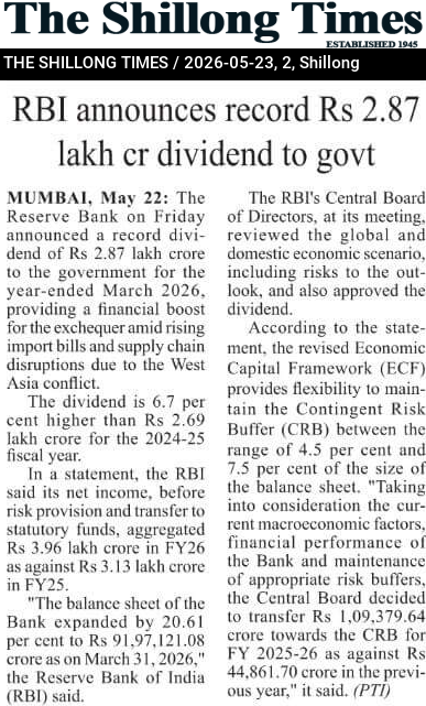 RBI announces record Rs 2.87 lakh cr dividend to govt