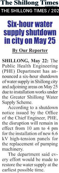 Six-hour water supply shutdown in city on May 25