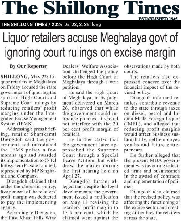 Liquor retailers accuse Meghalaya govt of ignoring court rulings on excise margin