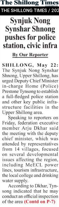 Synjuk Nong Synshar Shnong pushes for police station, civic infra