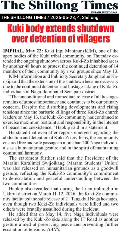 Kuki body extends shutdown over detention of villagers