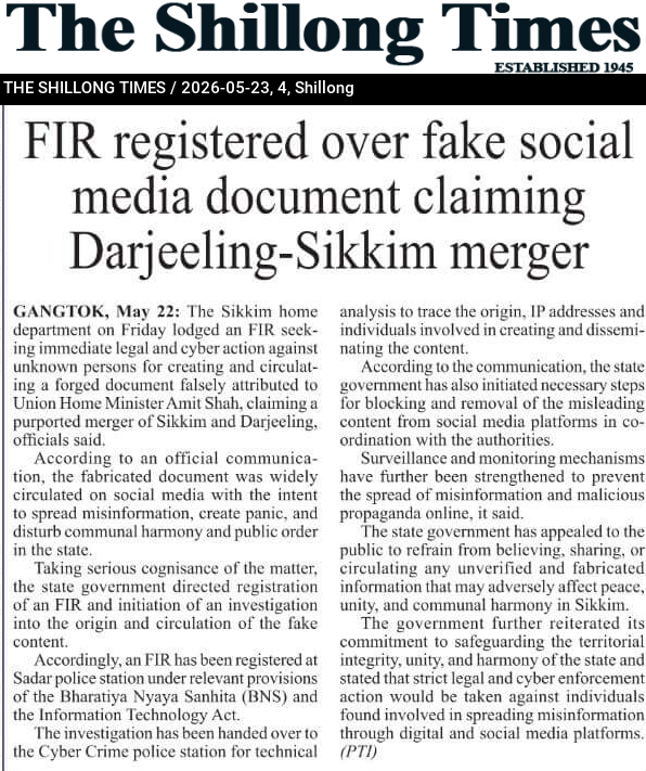 FIR registered over fake social media document claiming Darjeeling-Sikkim merger