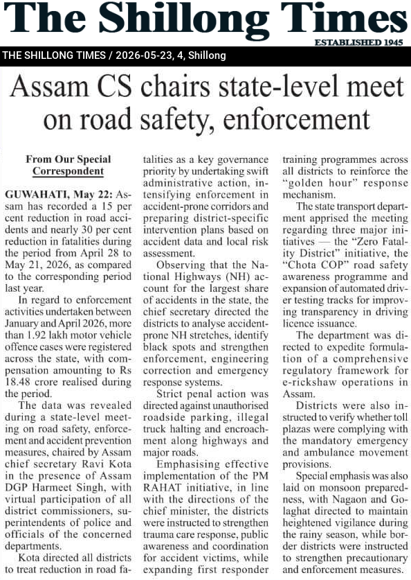 Assam CS chairs state-level meet on road safety, enforcement