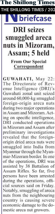 DRI seizes smuggled areca nuts in Mizoram, Assam; 5 held