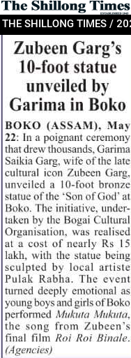 Zubeen Garg’s 10-foot statue unveiled by Garima in Boko