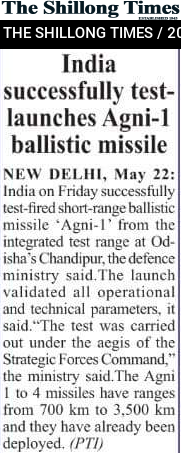India successfully test-launches Agni-1 ballistic missile