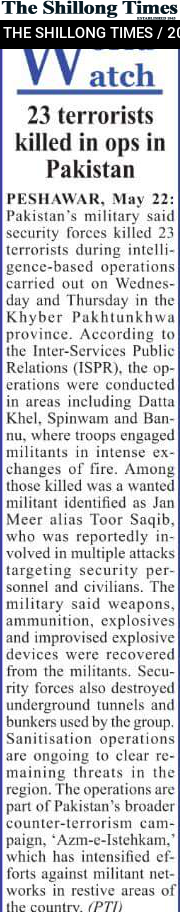 23 terrorists killed in ops in Pakistan