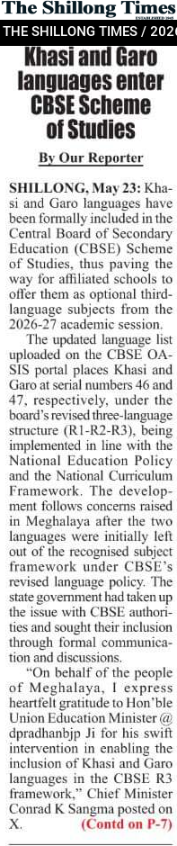Khasi and Garo languages enter CBSE Scheme of Studies