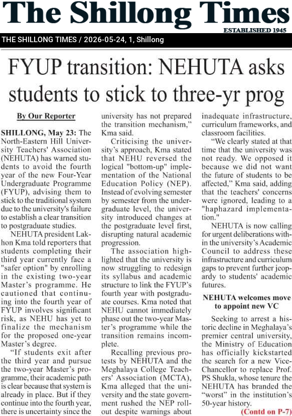 FYUP transition: NEHUTA asks students to stick to three-yr prog