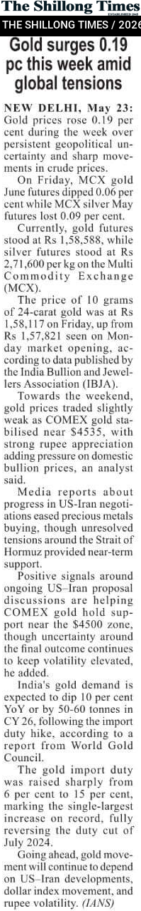 Gold surges 0.19 pc this week amid global tensions