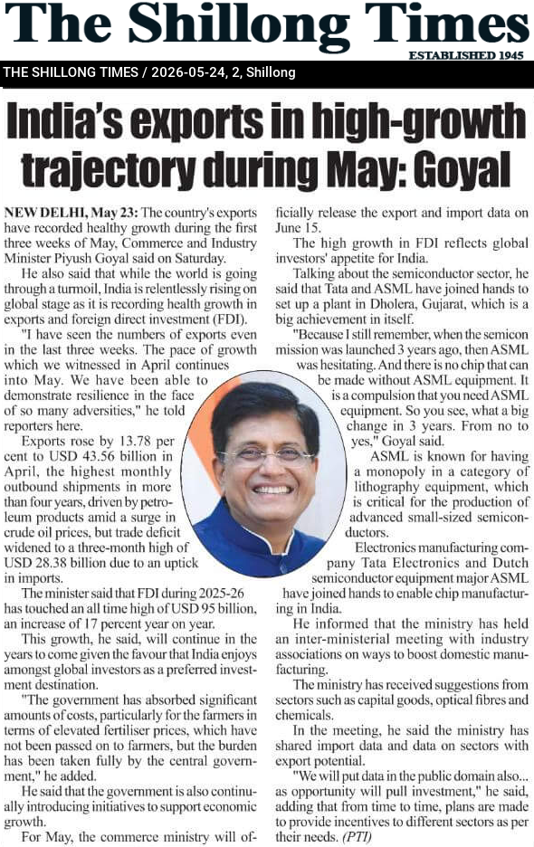 India’s exports in high-growth trajectory during May: Goyal