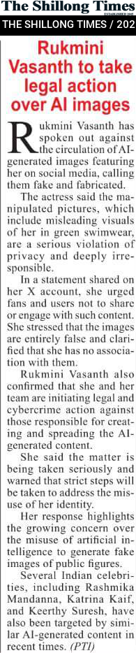 Rukmini Vasanth to take legal action over AI images