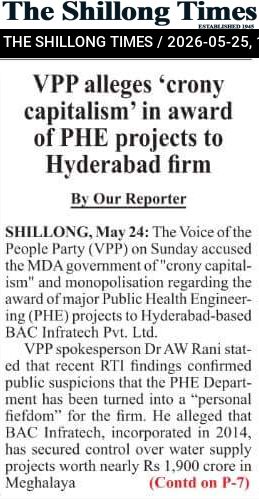 VPP alleges ‘crony capitalism’ in award of PHE projects to Hyderabad firm