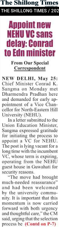 Appoint new NEHU VC sans delay: Conrad to Edn minister