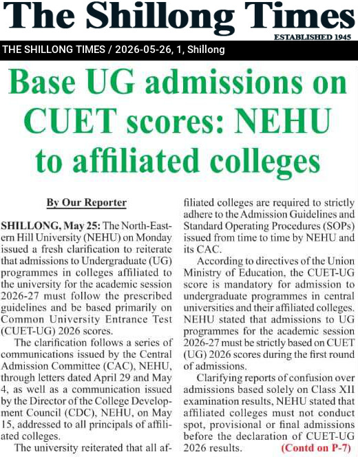 Base UG admissions on CUET scores: NEHU to affiliated colleges