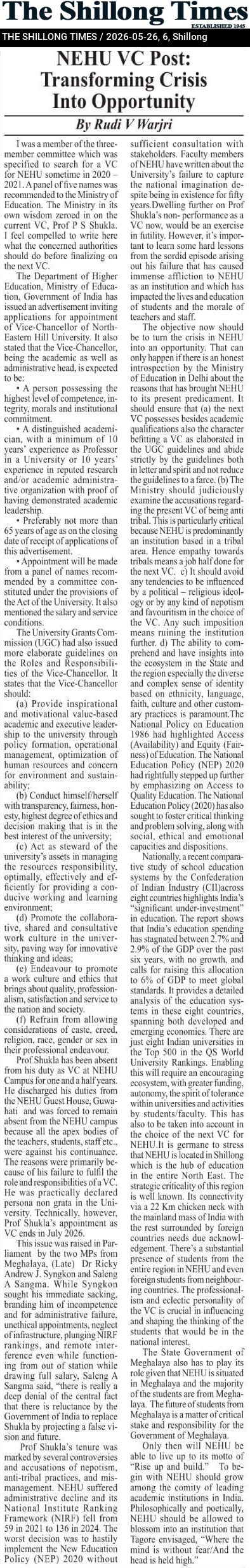 NEHU VC Post: Transforming Crisis Into Opportunity