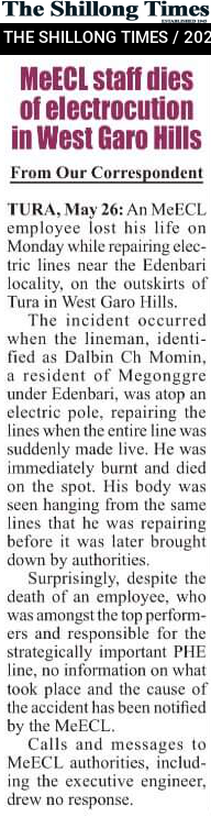 MeECL staff dies of electrocution in West Garo Hills
