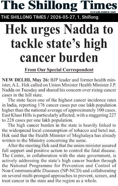 Hek urges Nadda to tackle state’s high cancer burden