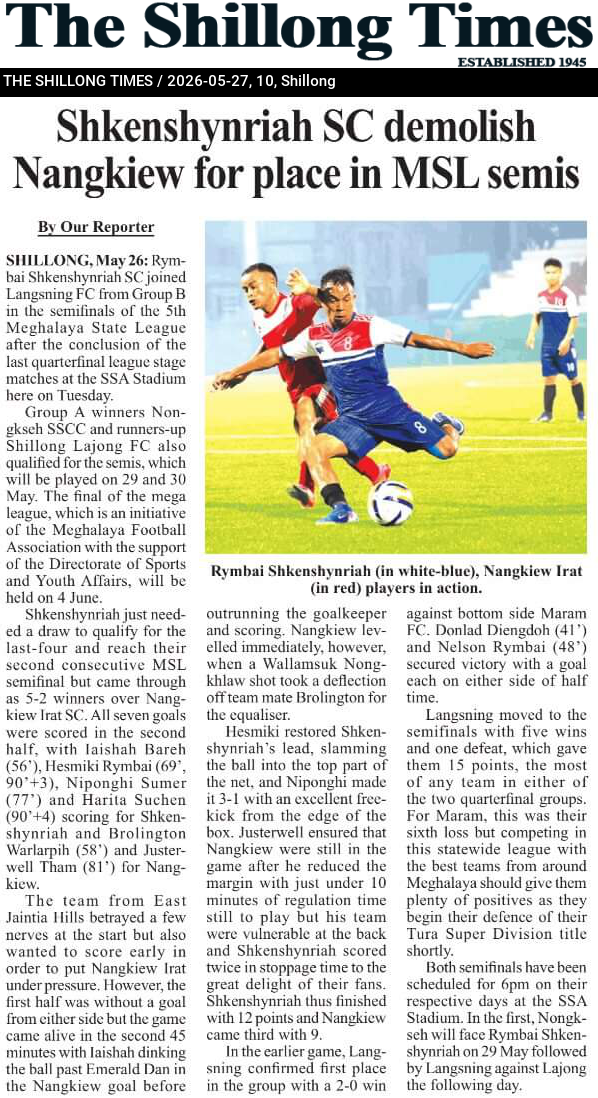 Shkenshynriah SC demolish Nangkiew for place in MSL semis