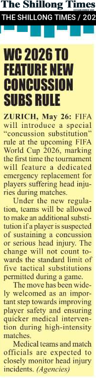 WC 2026 TO FEATURE NEW CONCUSSION SUBS RULE