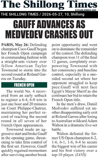 GAUFF ADVANCES AS MEDVEDEV CRASHES OUT