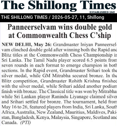 Panneerselvam wins double gold at Commonwealth Chess C’ship