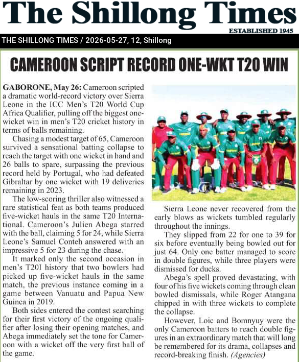 CAMEROON SCRIPT RECORD ONE-WKT T20 WIN