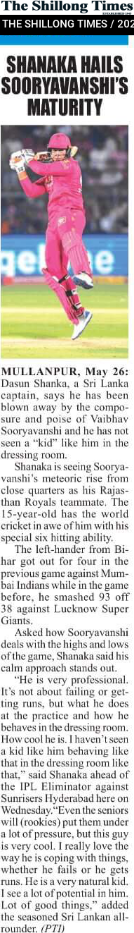 SHANAKA HAILS SOORYAVANSHI’S MATURITY