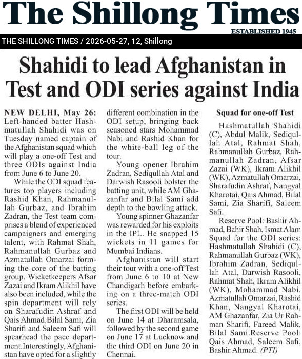 Shahidi to lead Afghanistan in Test and ODI series against India